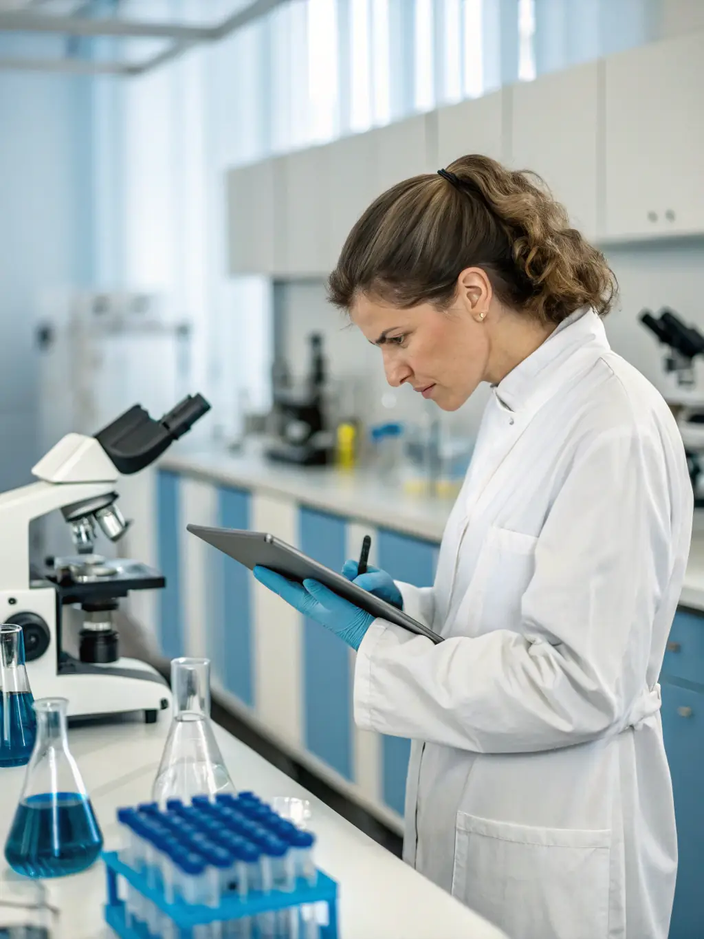 A vibrant image representing scientific research, featuring a scientist in a lab coat examining data on a holographic display, surrounded by beakers and scientific equipment.