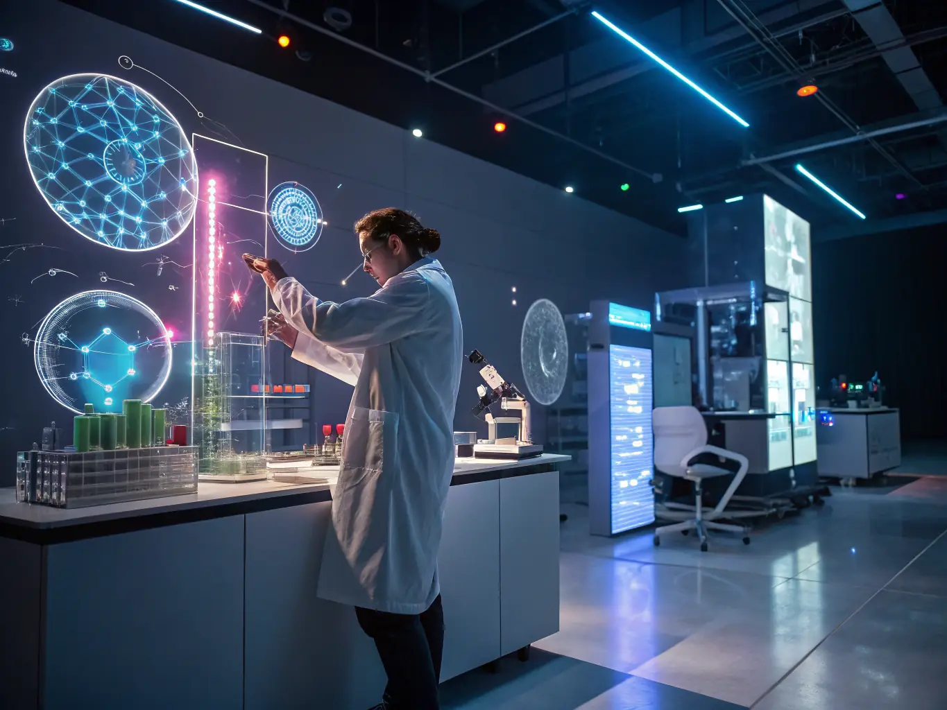 A researcher in a clean, modern lab environment is analyzing data on a holographic display, showcasing advanced data visualization techniques used in technology research.