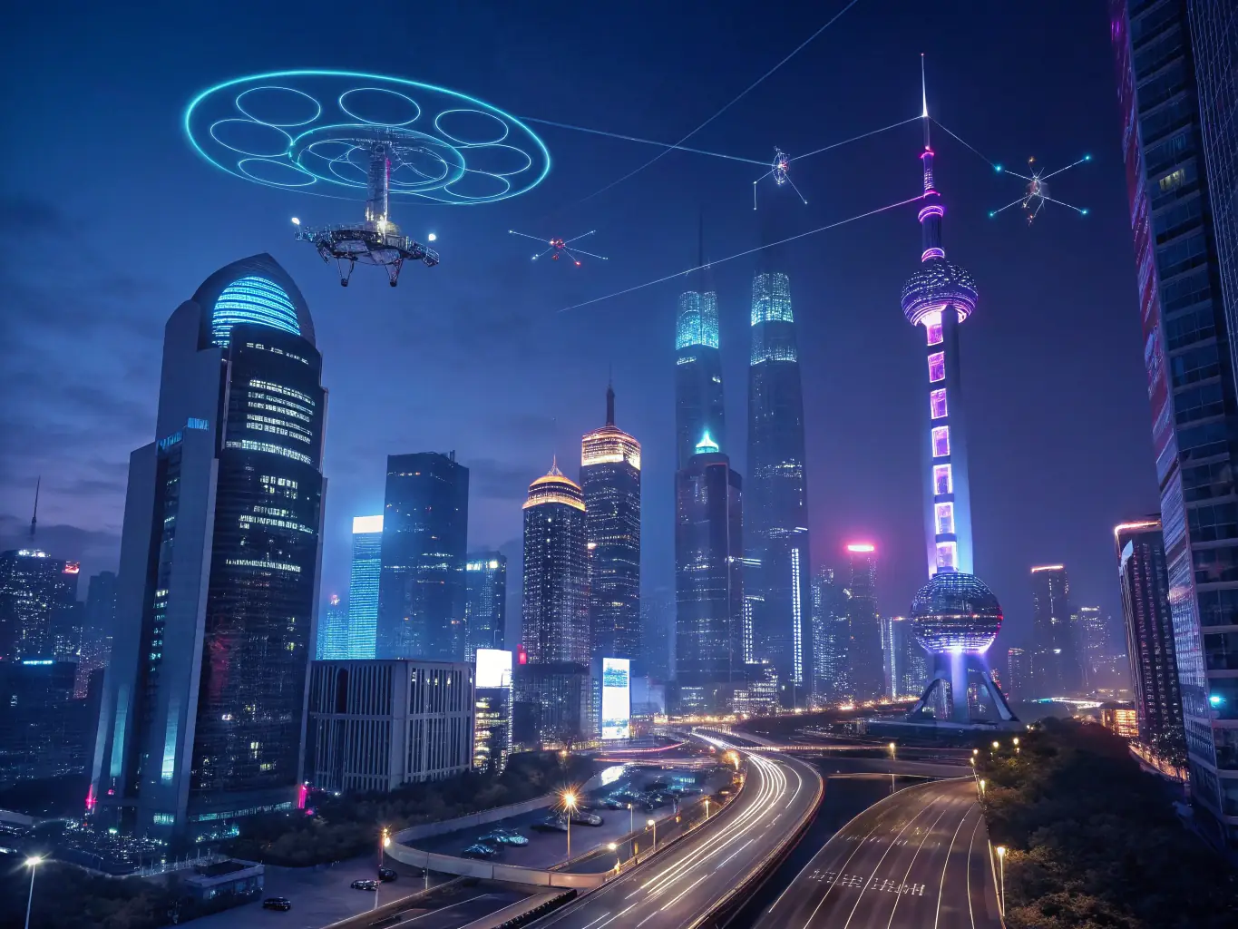 A futuristic cityscape with interconnected devices and sensors, representing the Internet of Things (IoT) and its impact on urban environments.