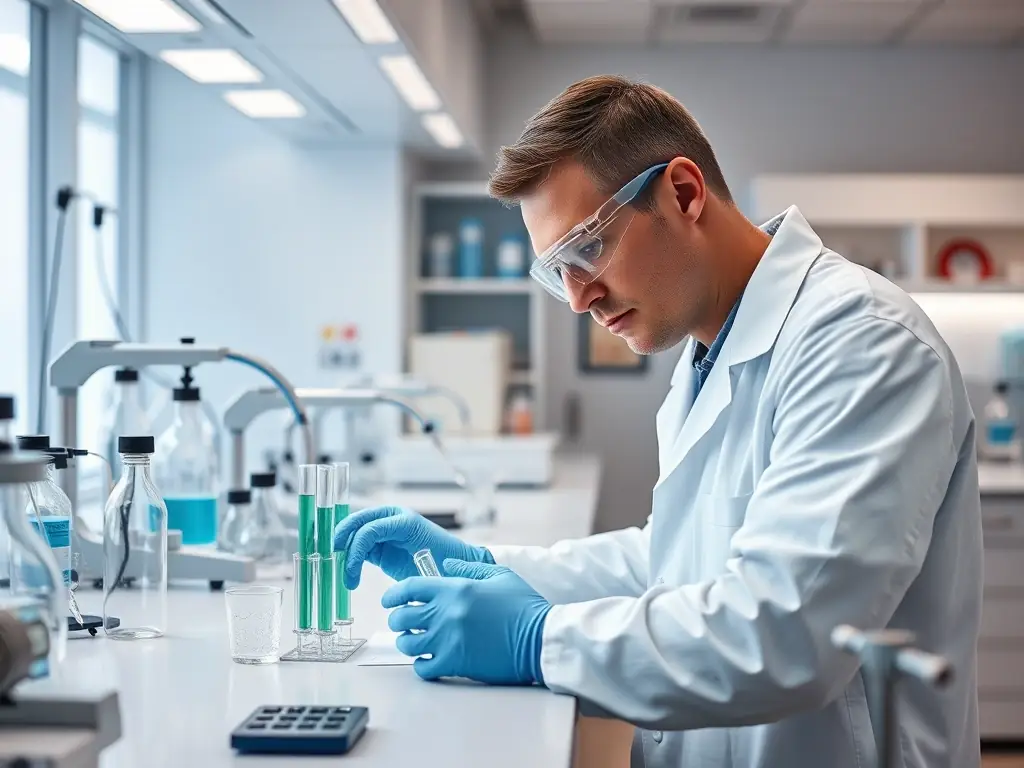 An image of a scientist in a lab, analyzing data on a holographic display, with various scientific instruments and equipment visible in the background. The image should convey scientific rigor and discovery.