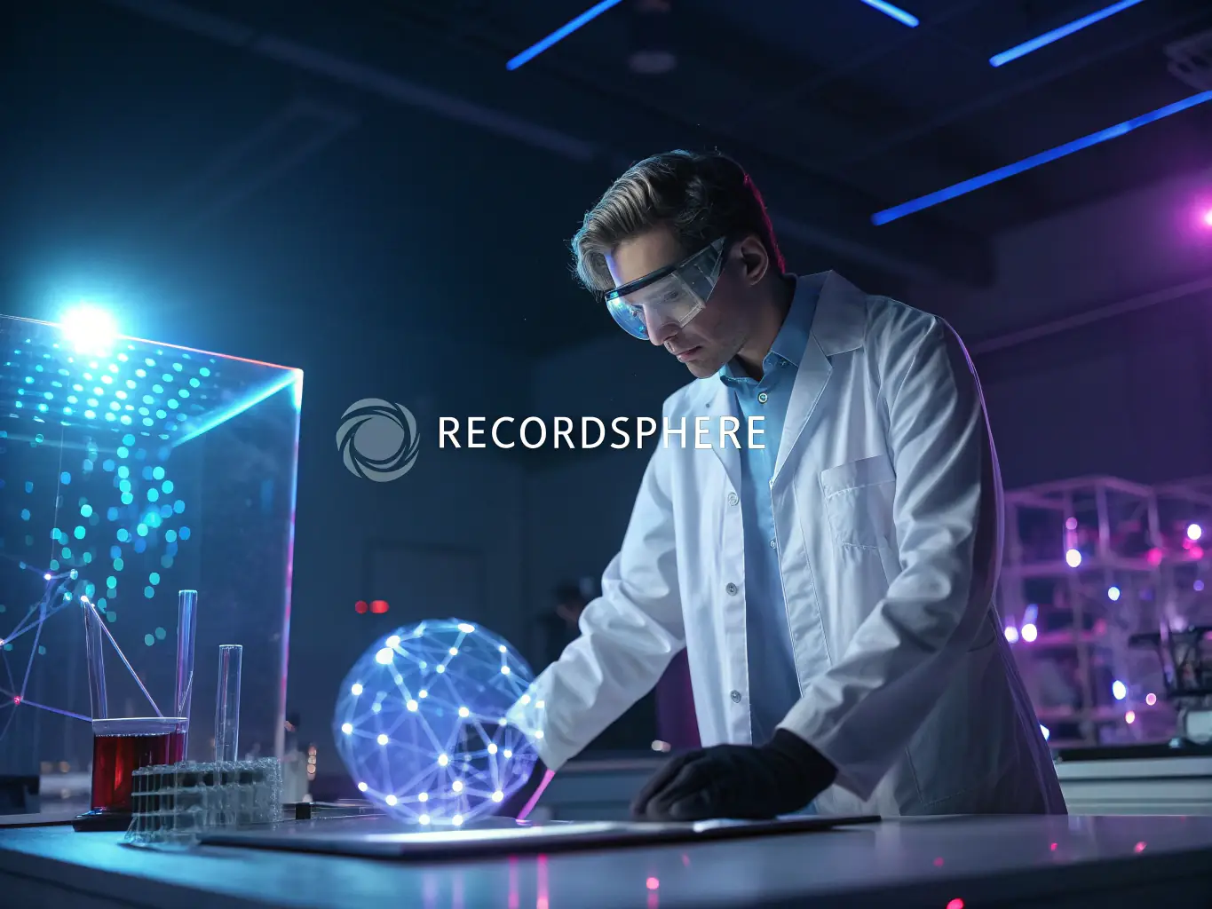 A scientist in a lab coat examining data on a holographic display, symbolizing cutting-edge research and data analysis.