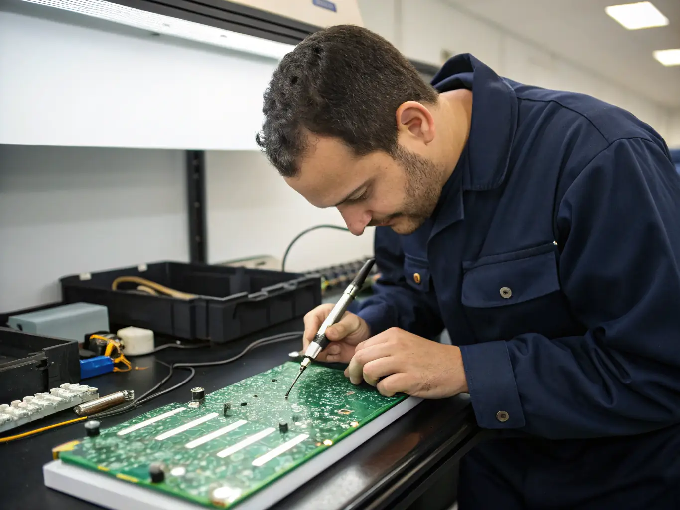 A technician working on a complex circuit board, surrounded by computers and electronic equipment, symbolizing technological innovation and development.