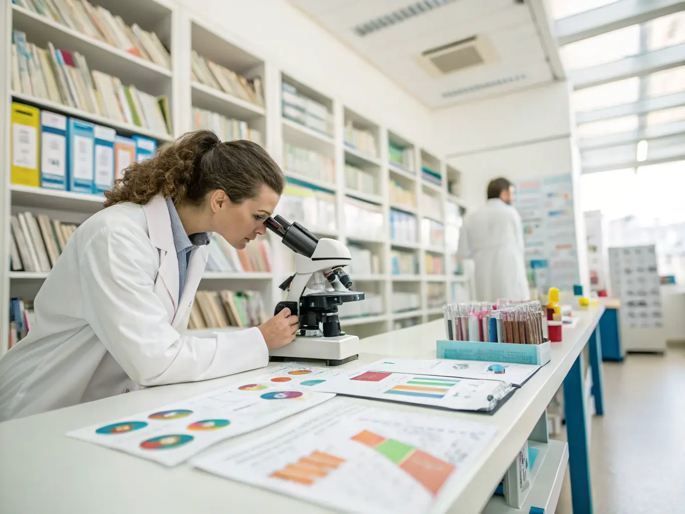 A scientist in a lab coat looking through a microscope, with beakers and test tubes in the background, representing scientific research and discovery.