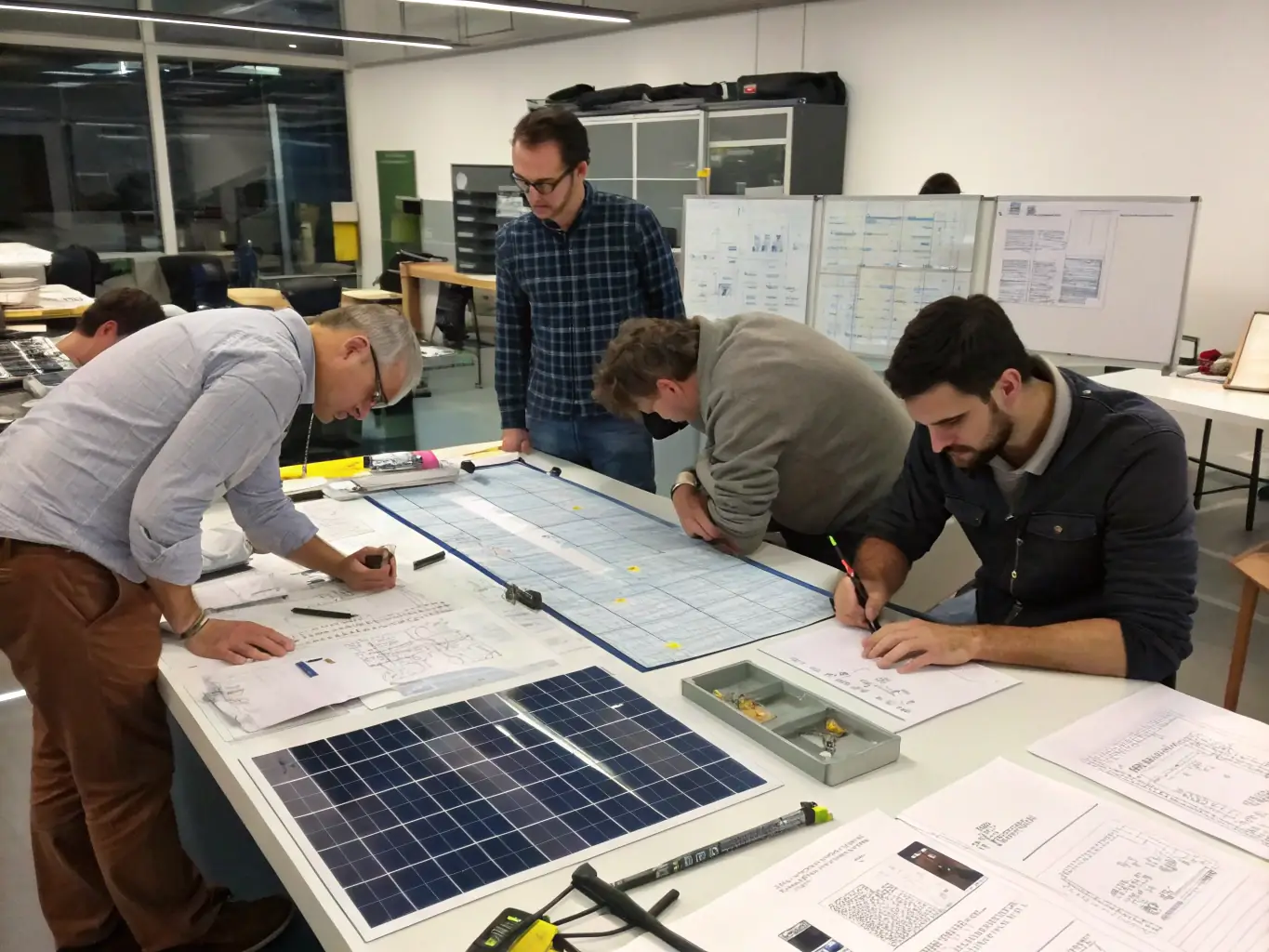 A team of engineers is collaborating on a sustainable software project, using renewable energy sources to power their development environment.