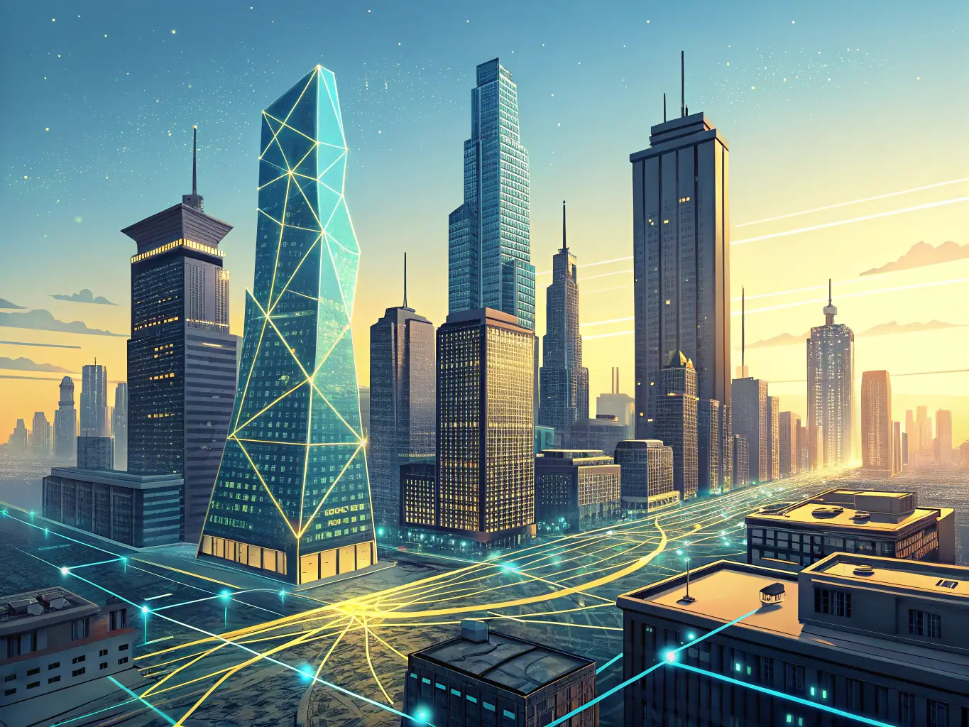 A futuristic cityscape with interconnected networks, representing the convergence of technology and data in urban environments.