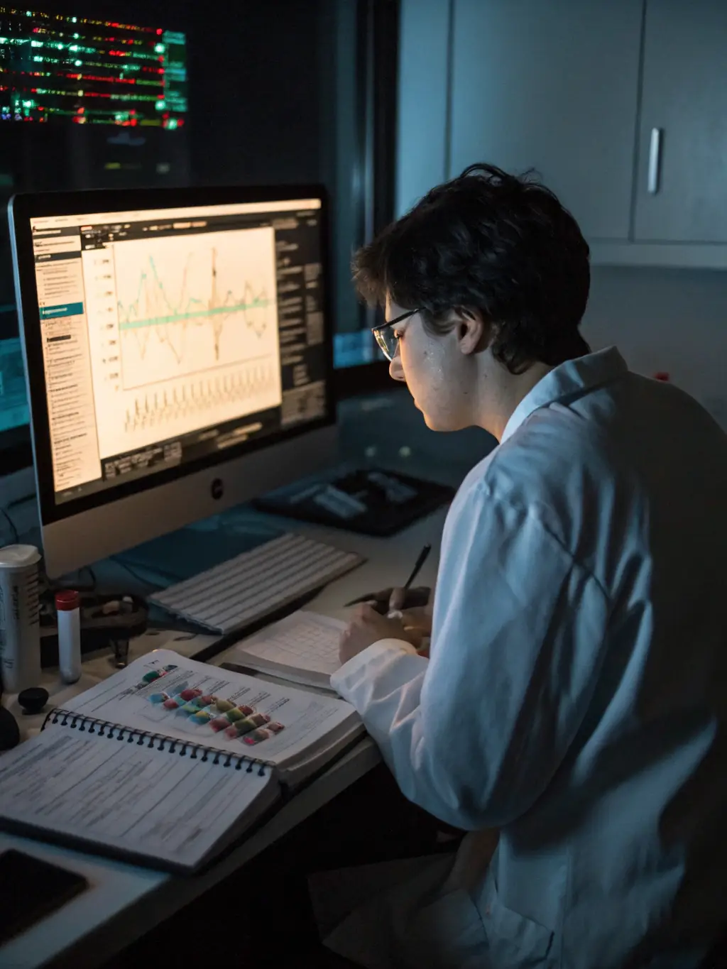 A scientist in a lab using advanced AI to analyze genomic data, representing emerging trends in personalized medicine and biotechnology.