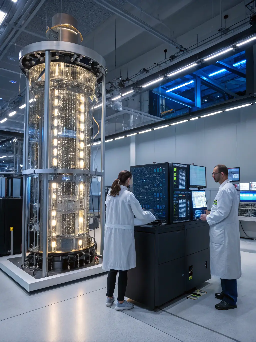 A high-resolution image of a complex quantum computing circuit, showcasing the intricate connections and components, with a focus on the superposition and entanglement aspects.