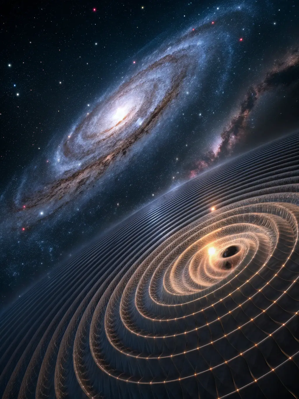 A detailed visualization of a black hole's event horizon, illustrating the warping of spacetime and the accretion disk, with light bending around the singularity.