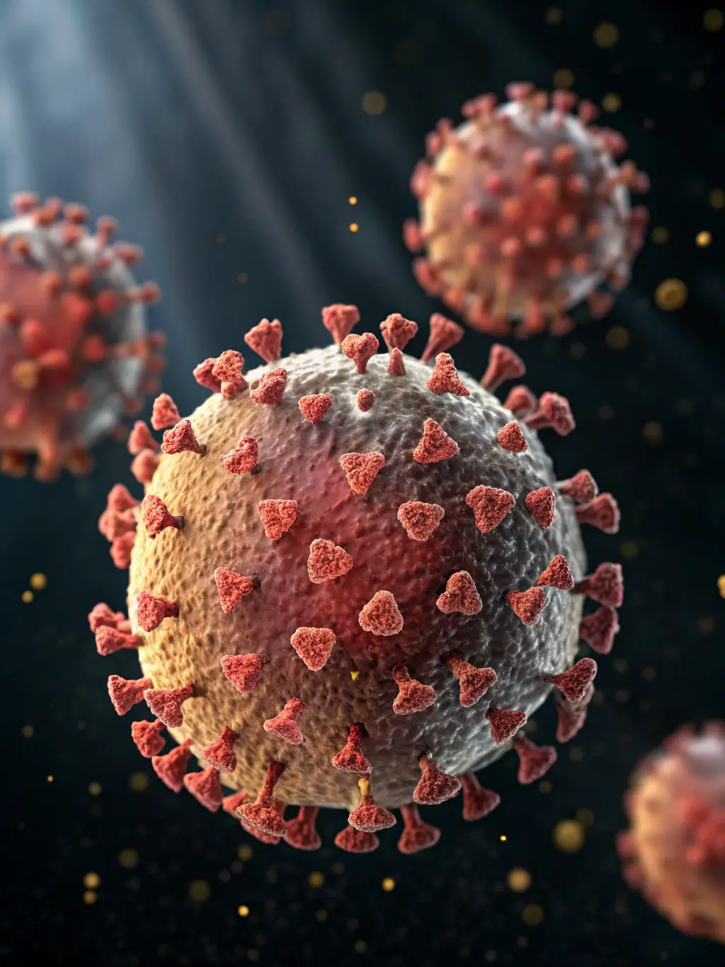 A microscopic view of a virus particle attaching to a human cell, highlighting the intricate details of molecular interactions, set against a dark background to emphasize the complexity of biological processes.