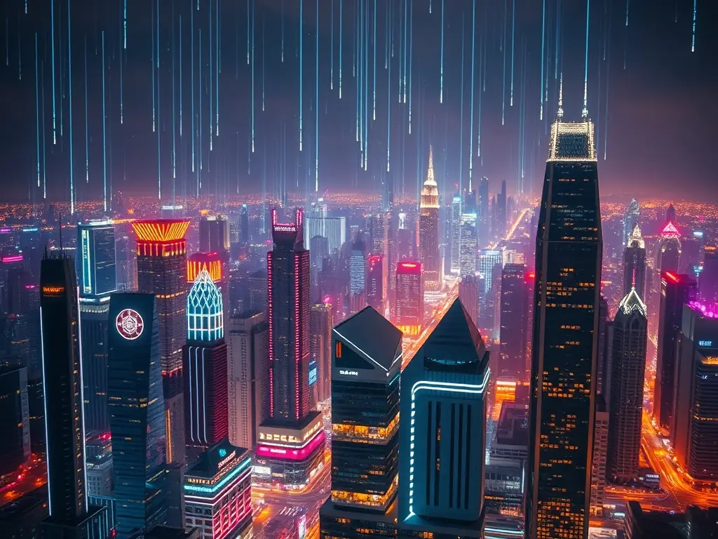 A futuristic cityscape with holographic projections of data streams and AI interfaces, symbolizing the integration of technology into urban life and the exploration of AI's potential.
