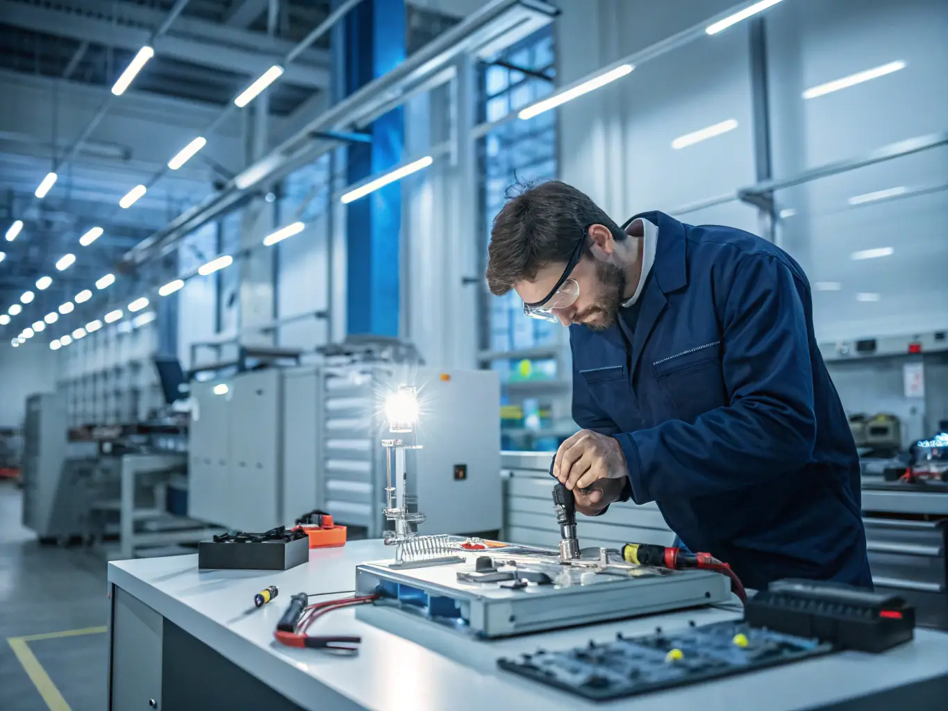 An engineer working on a complex technological prototype, showcasing the application of engineering principles in real-world scenarios.