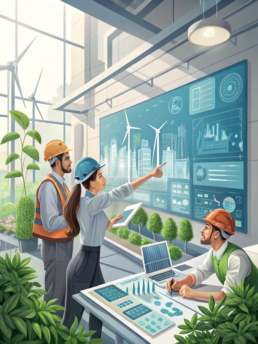 A diverse group of engineers collaborating on a sustainable energy project, representing emerging trends in renewable energy and green technology.