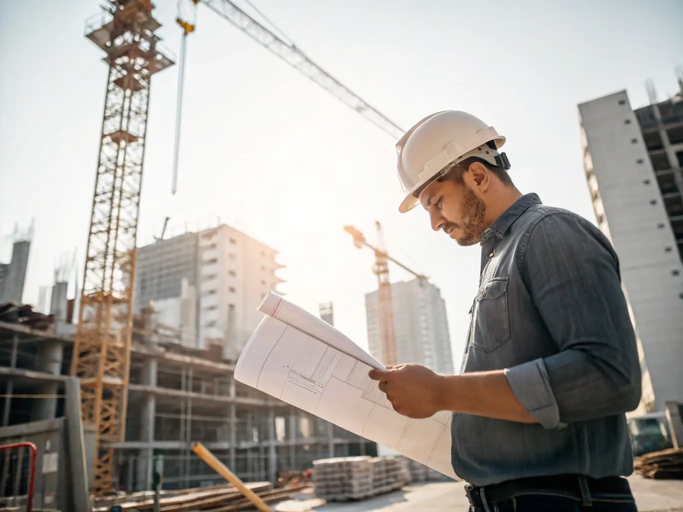 An engineer working on a blueprint at a construction site, with buildings and infrastructure in the background, representing engineering design and problem-solving.
