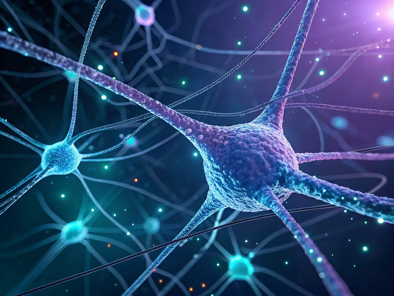 A close-up image of a complex AI neural network visualization, with glowing nodes and connections representing the flow of information and learning. The image should evoke intelligence and complexity.