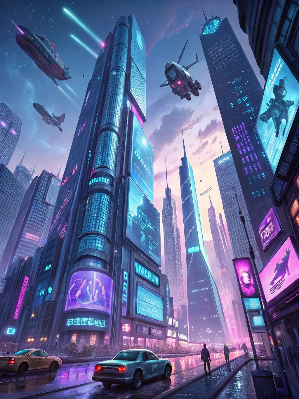A futuristic cityscape with flying vehicles and holographic displays, representing emerging trends in urban technology and sustainable living.